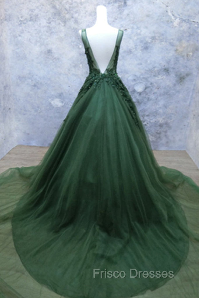 Green Beaded and Lace V-neckline Low Back Long Party Dress, Green Evening Dress Party Dress