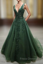 Green Beaded and Lace V-neckline Low Back Long Party Dress, Green Evening Dress Party Dress