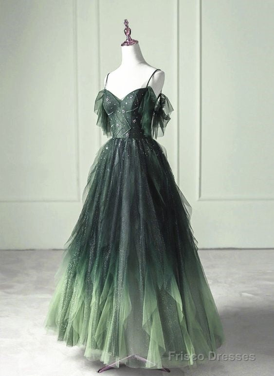 Green Beaded Straps Tulle Layers Long Prom Dress Green Formal Dress Main image