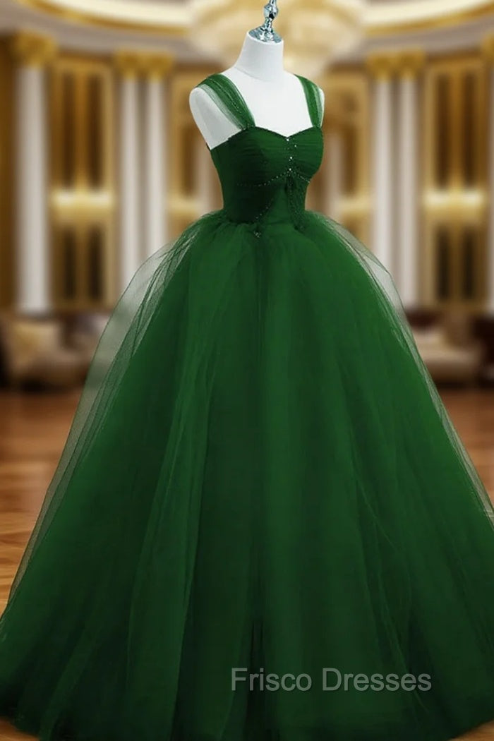 Green Beaded Tulle Off Shoulder Long Party Dress, Green Tulle A-line Formal Prom Dress Main image