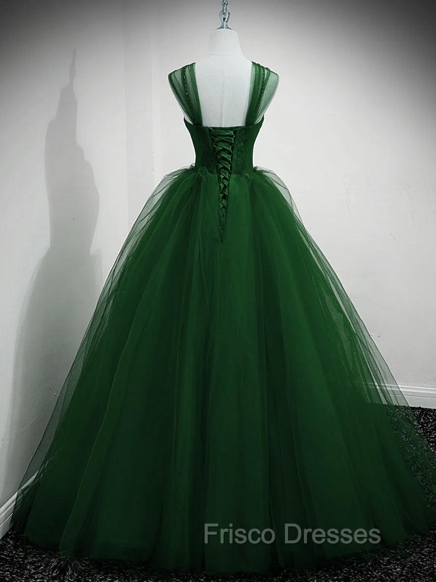 Green Beaded Tulle Off Shoulder Long Party Dress, Green Tulle A-line Formal Prom Dress