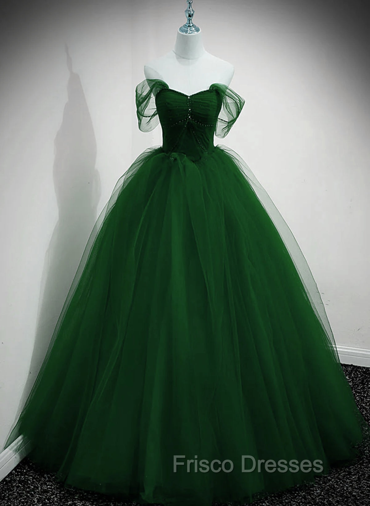 Green Beaded Tulle Off Shoulder Long Party Dress, Green Tulle A-line Formal Prom Dress Secondary image