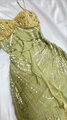 Green Bodycon Dress Beautiful Spaghetti Straps Chiffon Sequin Long Prom Dress Evening Dress