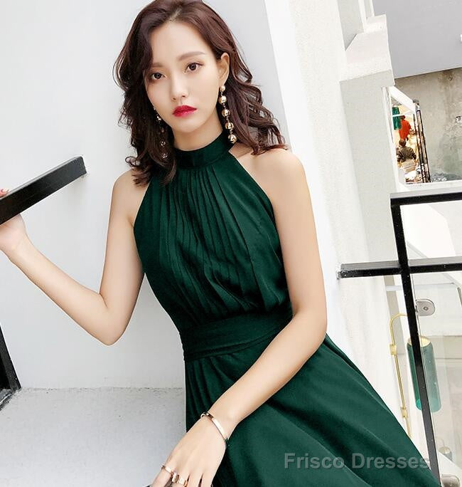 Green Chiffon High Low Bridesmaid Dress Party Dress, High Neckline Prom Dresses