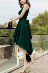 Green Chiffon High Low Bridesmaid Dress Party Dress, High Neckline Prom Dresses