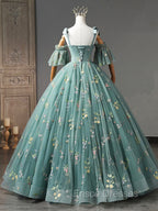 Green Floral Tulle Long Formal Prom Dress Cute Off Shoulder Evening Party Dress Beautiful
