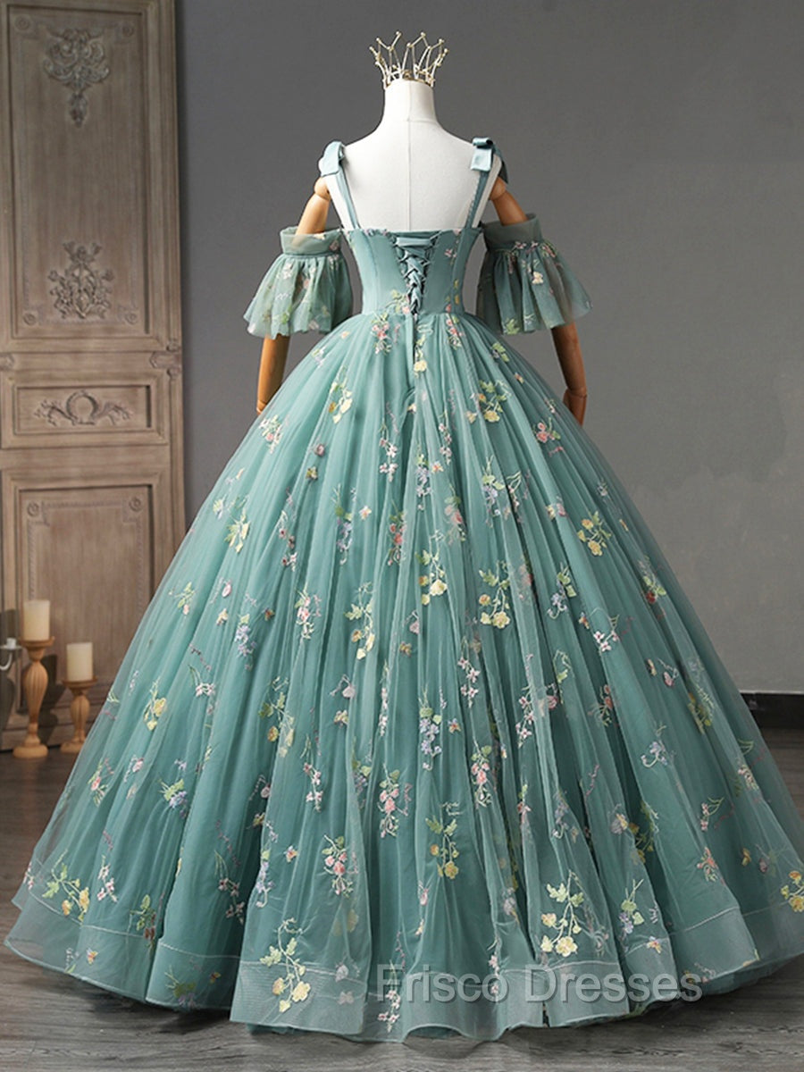 Green Floral Tulle Long Formal Prom Dress Cute Off Shoulder Evening Party Dress Beautiful