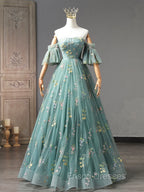 Green Floral Tulle Long Formal Prom Dress Cute Off Shoulder Evening Party Dress Beautiful