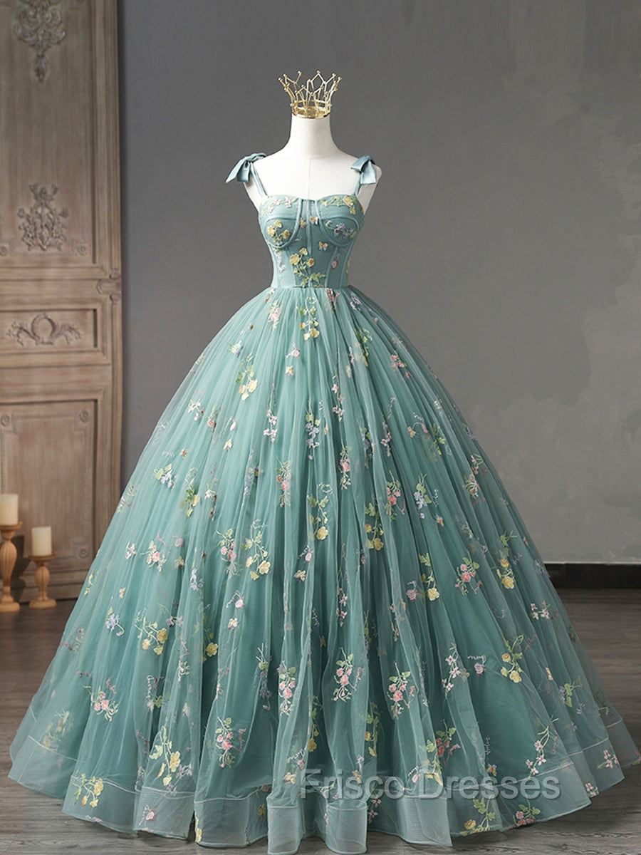 Green Floral Tulle Long Formal Prom Dress Cute Off Shoulder Evening Party Dress Beautiful