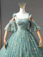 Green Floral Tulle Long Formal Prom Dress Cute Off Shoulder Evening Party Dress Beautiful
