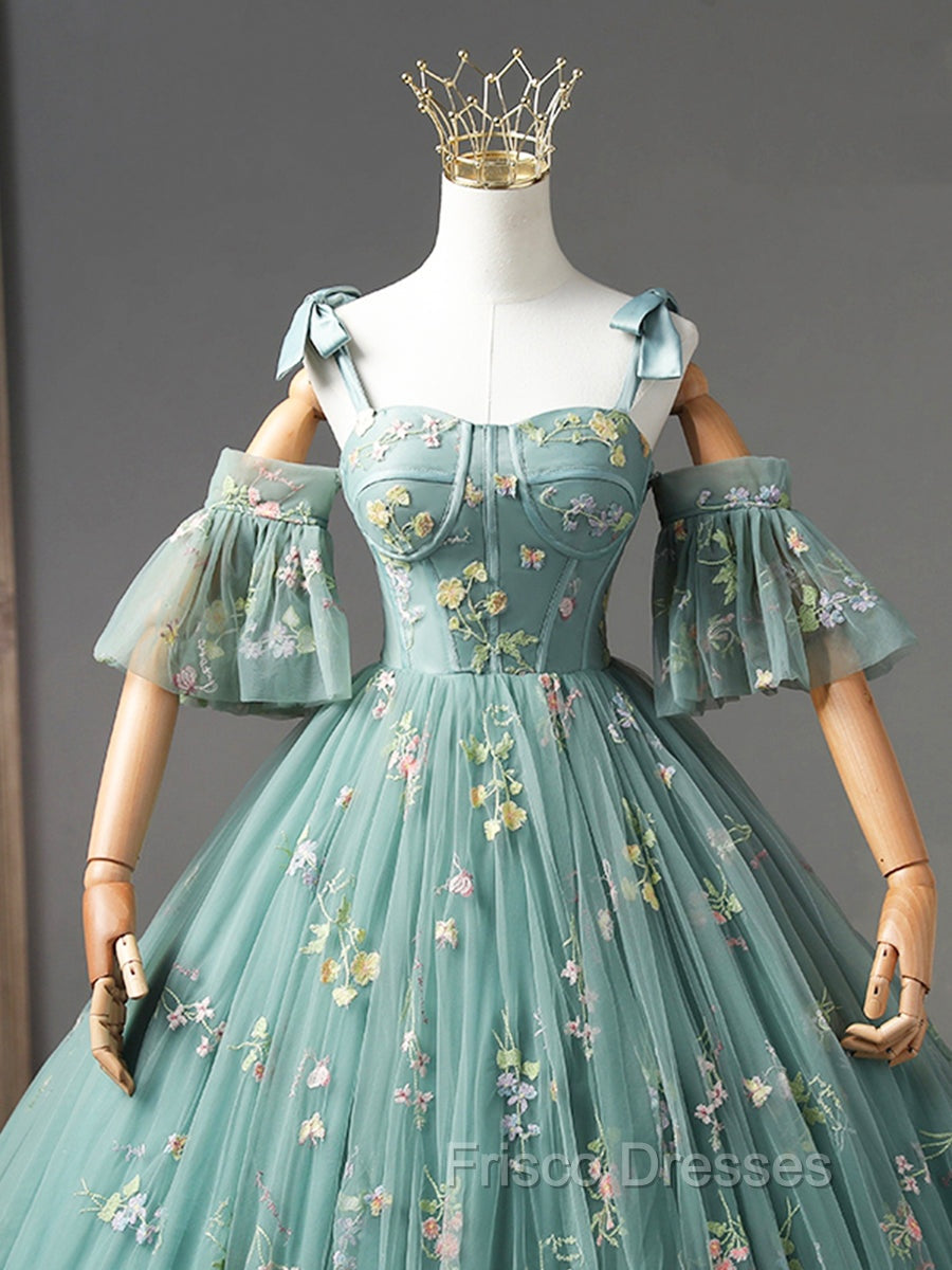 Green Floral Tulle Long Formal Prom Dress Cute Off Shoulder Evening Party Dress Beautiful