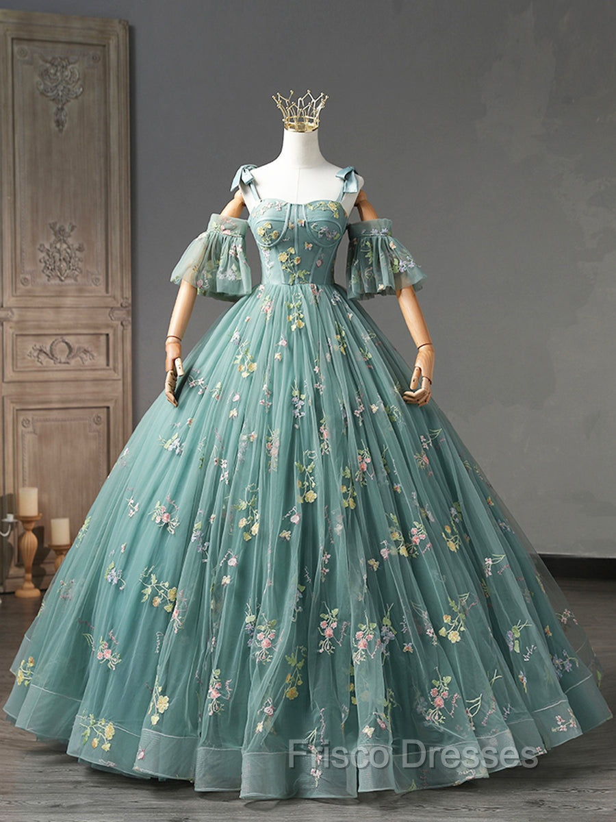 Green Floral Tulle Long Formal Prom Dress Cute Off Shoulder Evening Party Dress Beautiful