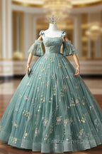 Green Floral Tulle Long Formal Prom Dress Cute Off Shoulder Evening Party Dress Beautiful