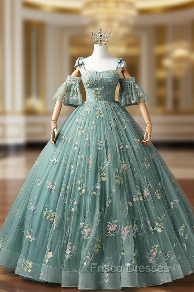 Green Floral Tulle Long Formal Prom Dress Cute Off Shoulder Evening Party Dress Beautiful