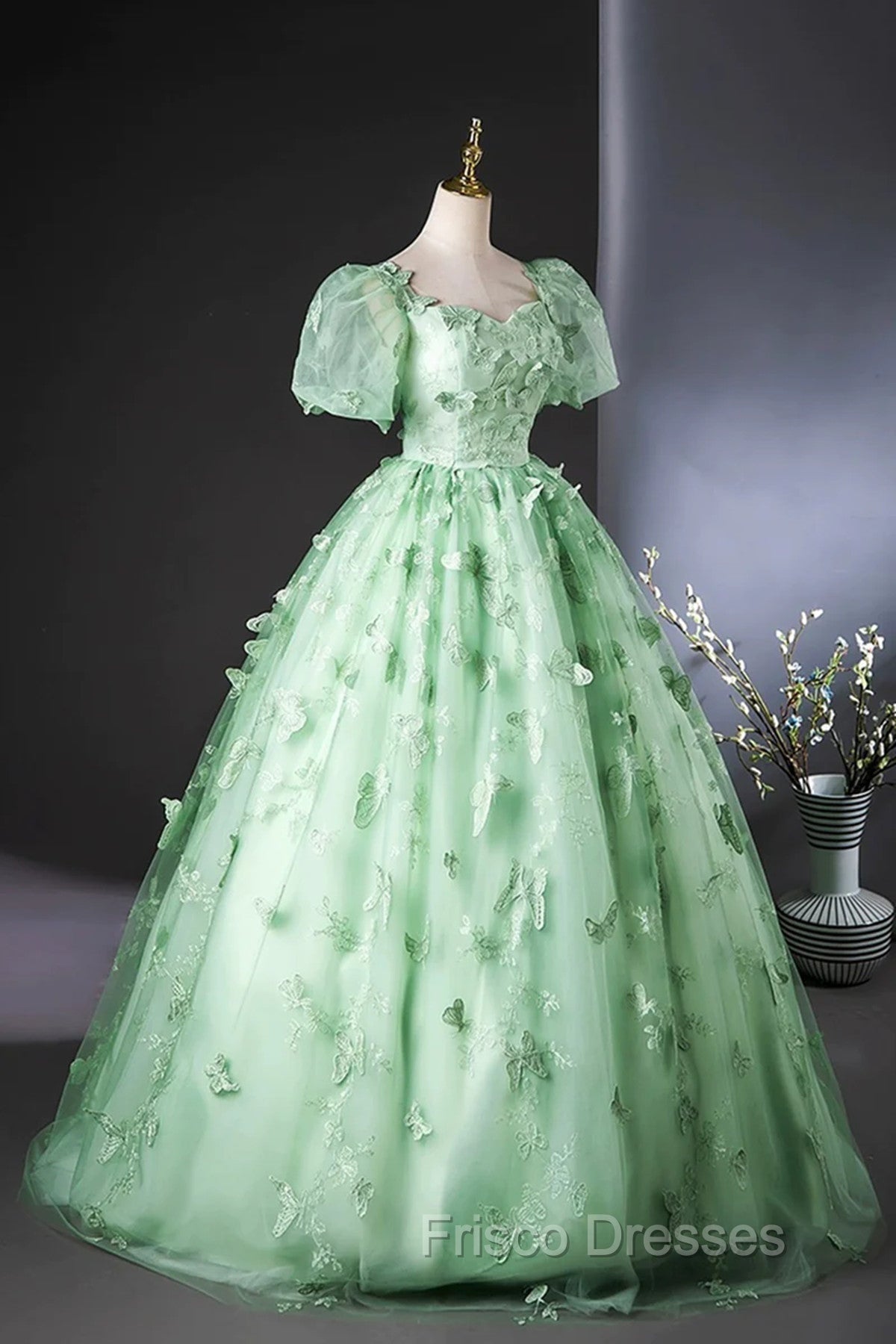 Green Flower Lace Long Formal Prom Dress with Sleeves, Green Formal Dress Secondary image