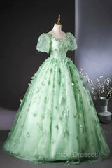 Green Flower Lace Long Formal Prom Dress with Sleeves, Green Formal Dress