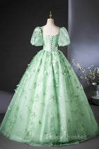 Green Flower Lace Long Formal Prom Dress with Sleeves, Green Formal Dress