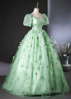 Green Flower Lace Long Formal Prom Dress with Sleeves, Green Formal Dress