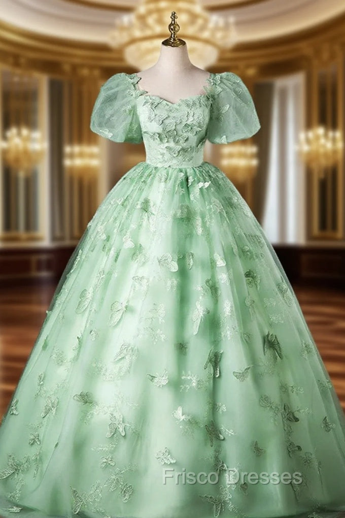 Green Flower Lace Long Formal Prom Dress with Sleeves, Green Formal Dress Main image