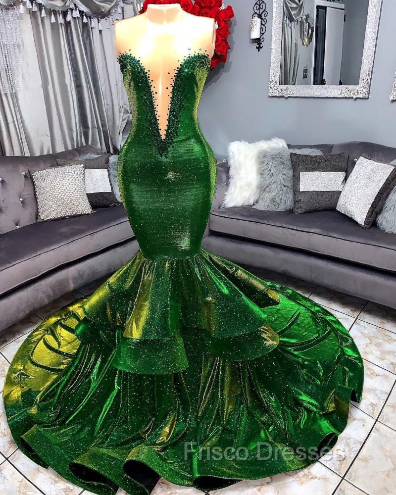 Green Gorgeous Ruffles Mermaid Formal Prom Dress Chic Sweetheart Appliques Long Evening Dress