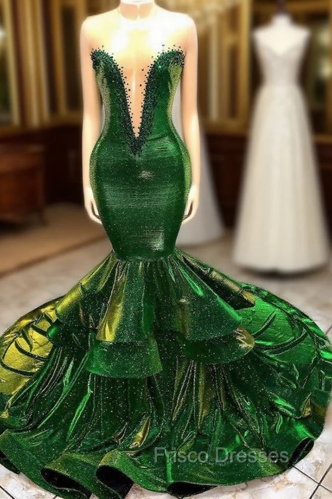 Green Gorgeous Ruffles Mermaid Formal Prom Dress Chic Sweetheart Appliques Long Evening Dress Main image