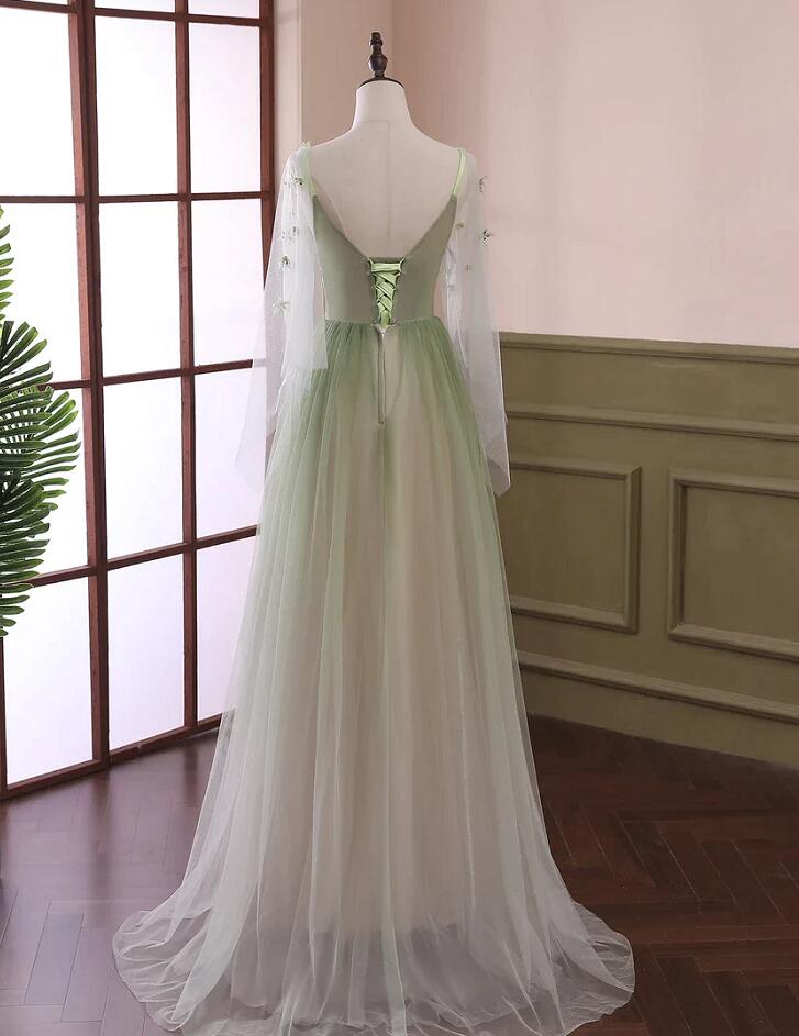 Green Gradient Puffy Sleeves Long Party Dress, A-Line Beaded Prom Dress