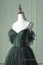 Green Gradient Tulle A-Line Long Formal Dress, Green Beaded Straps Party Dress Formal Prom Dress