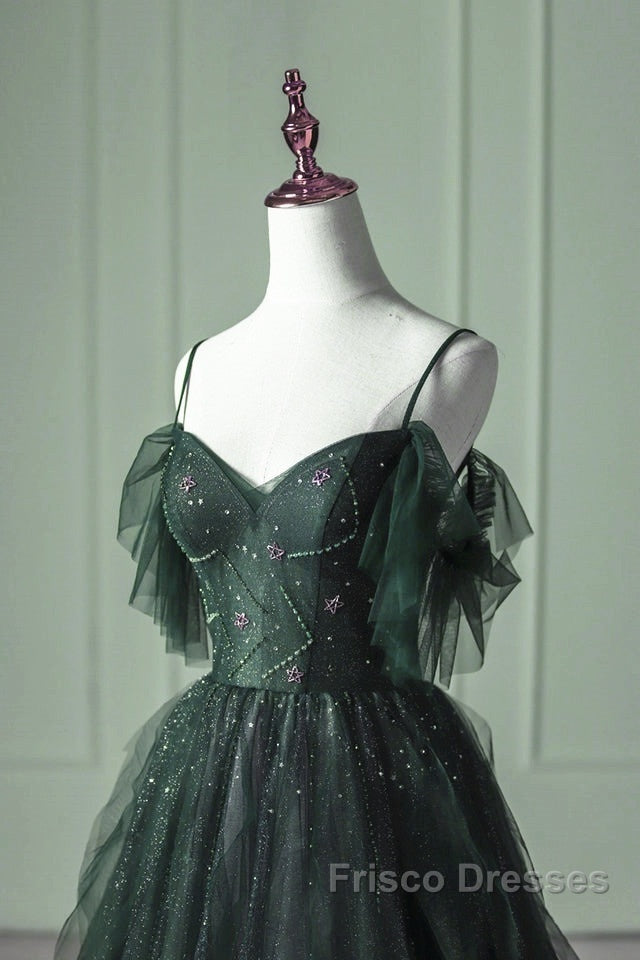 Green Gradient Tulle A-Line Long Formal Dress, Green Beaded Straps Party Dress Formal Prom Dress