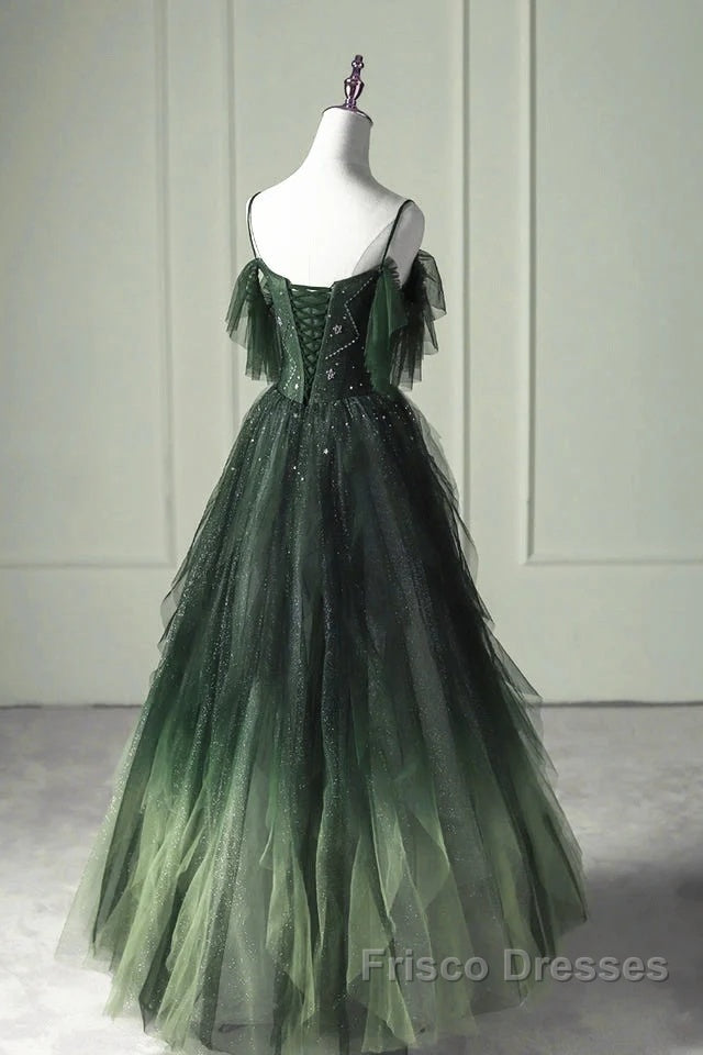 Green Gradient Tulle A-Line Long Formal Dress, Green Beaded Straps Party Dress Formal Prom Dress