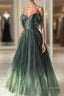 Green Gradient Tulle A-Line Long Formal Dress, Green Beaded Straps Party Dress Formal Prom Dress