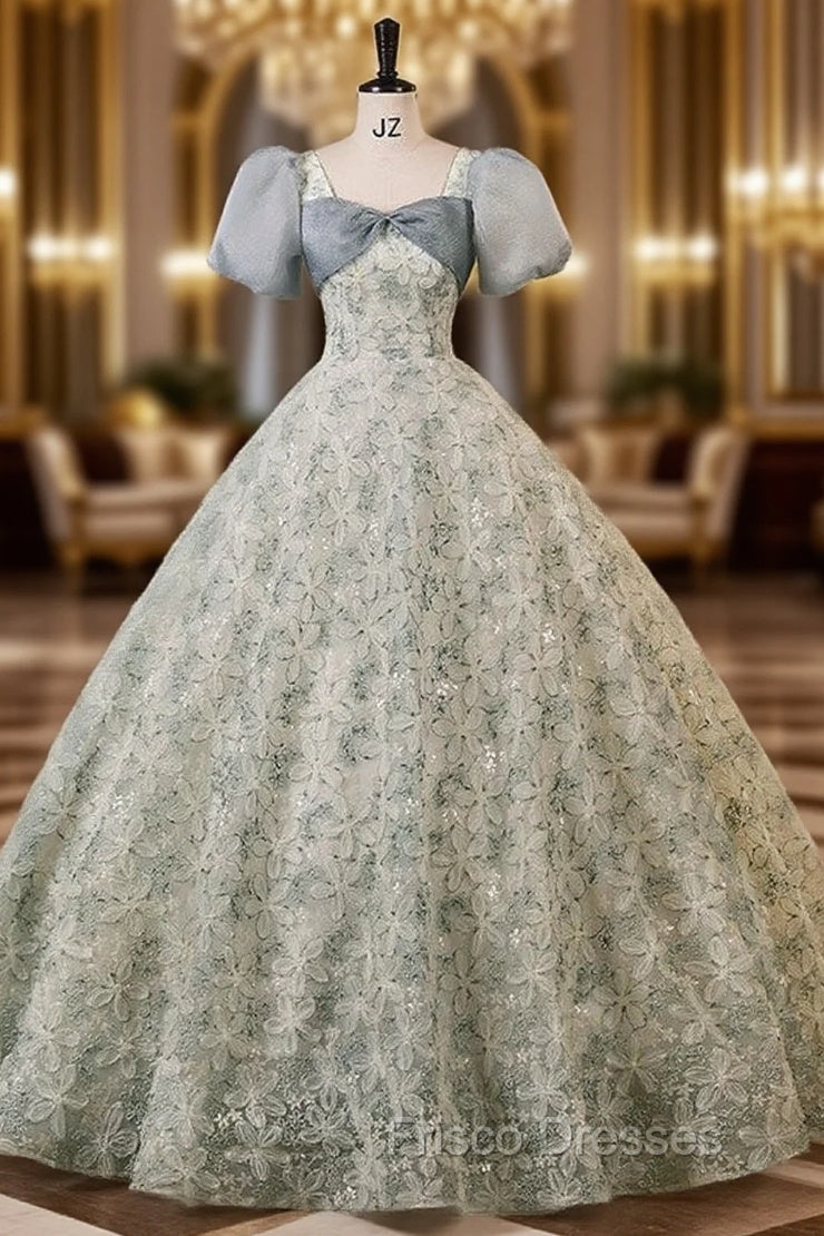 Green Gray Short Sleeve Lace Flower Quinceanera Dress Main image
