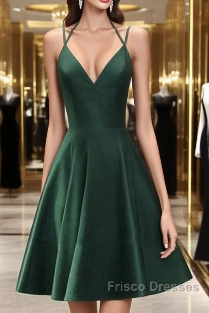 Green Halter Short Satin Long Party Dress, Green Homecoming Dress , Short Party Dress Main image