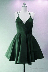 Green Halter Short Satin Long Party Dress, Green Homecoming Dresses , Short Party Dress