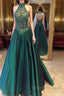 Green High Neck Long Formal Prom Dress, Green Evening Dress