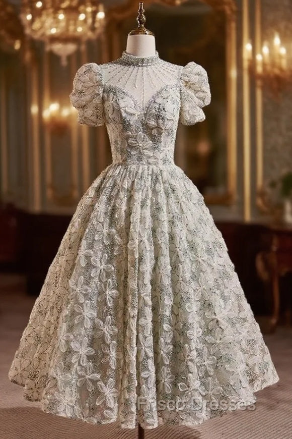 Green High Neck Puff Sleeve Beading Formal Prom Dress
