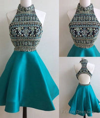Green High Neck Rhinestones Short Prom Dress, Cute Homecoming Dress