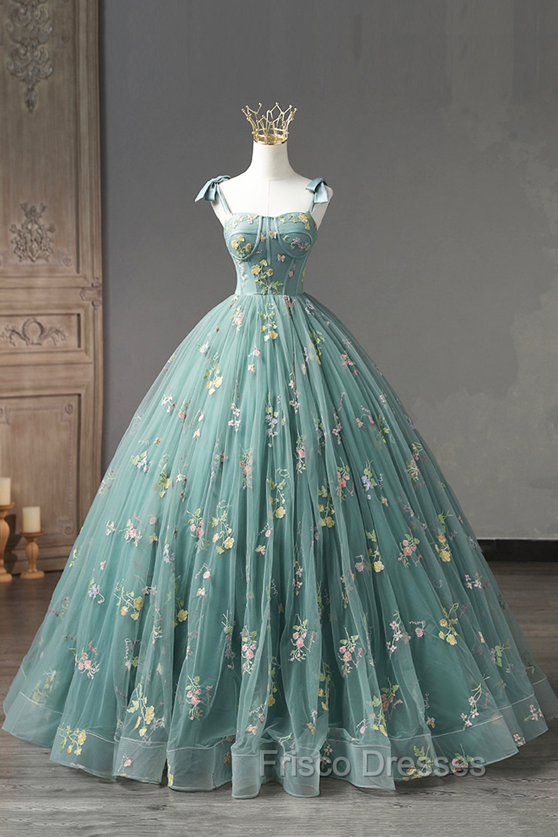 Green Lace Long A-Line Formal Dress, Spaghetti Strap Evening Gown Main image