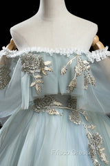 Green Lace Long A-Line Off the Shoulder Formal Prom Dress, Evening Party Dress