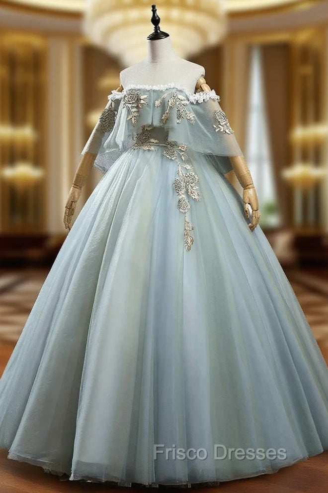 Green Lace Long A-Line Off the Shoulder Formal Prom Dress, Evening Party Dress Main image