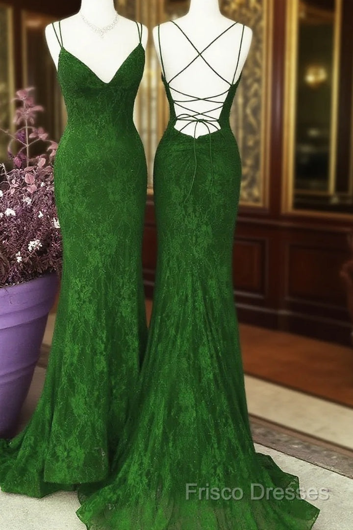 Green Lace Mermaid Straps Long Party Dress, Green Lace Wedding Party Dress Main image