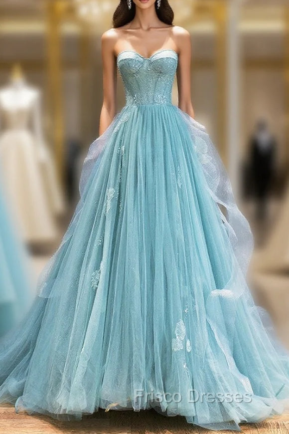 Green Lace Tulle A-Line Long Formal Dress, Green Strapless Evening Dress Main image