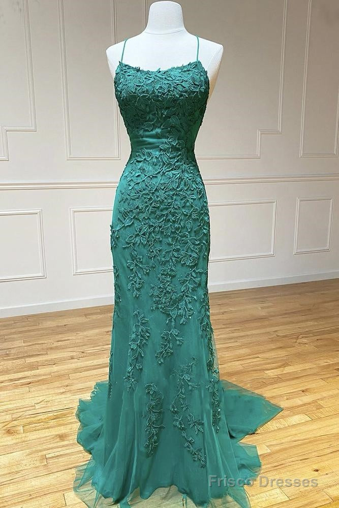 Green Lace Tulle Spaghetti Strap Long Mermaid Prom Dresses Crystal Graduation School Party Gown
