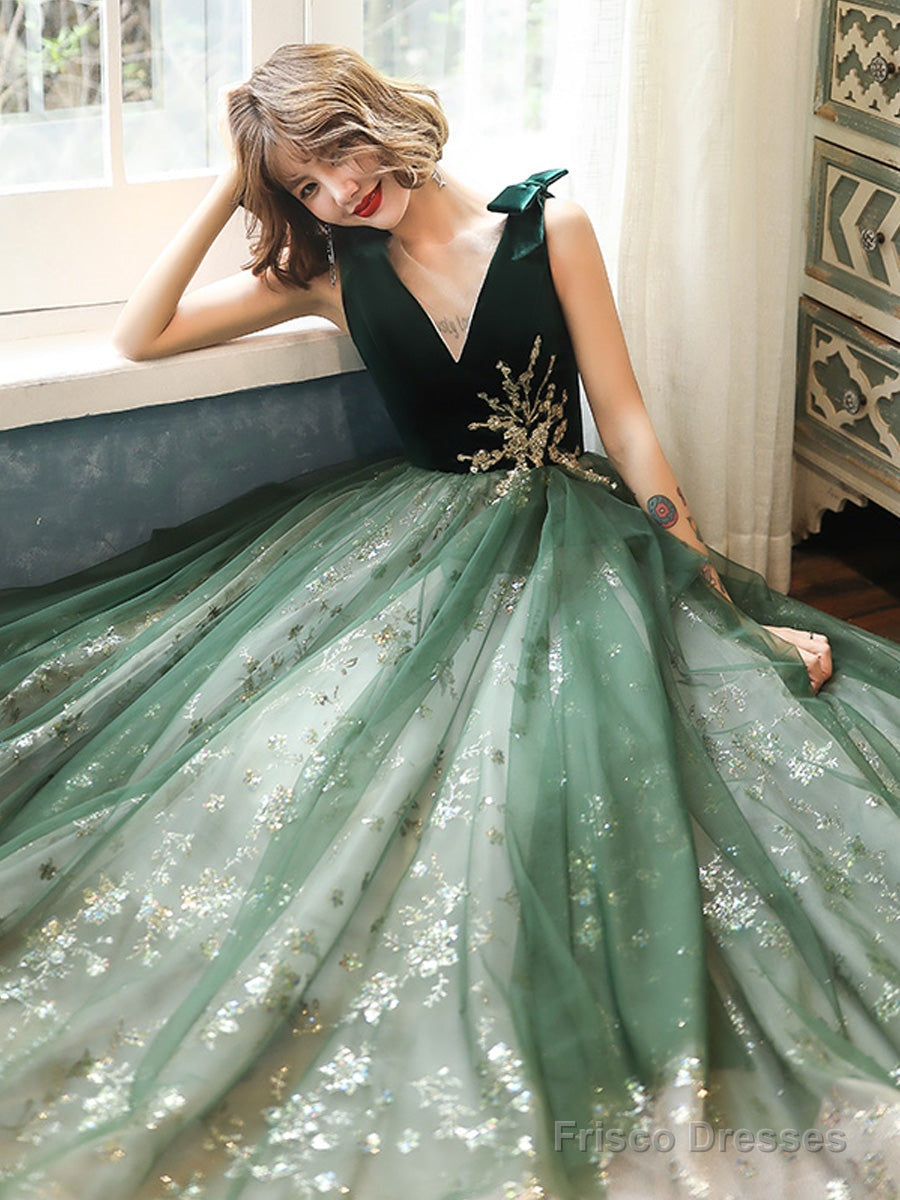 Green Lace Tulle V-Neckline A-Line Prom Dress, Green Floor Length Party Dress Secondary image