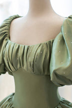 Green Sweet Elegant A-Line Long Satin Short Sleeves Prom Dress Evening Dress Birthday Dress Graduation Dress