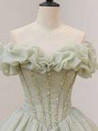Green Long Formal Prom Dress, Green Tulle Formal Sweet 16 Dress with Beading