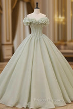 Green Long Formal Prom Dress, Green Tulle Formal Sweet 16 Dress with Beading