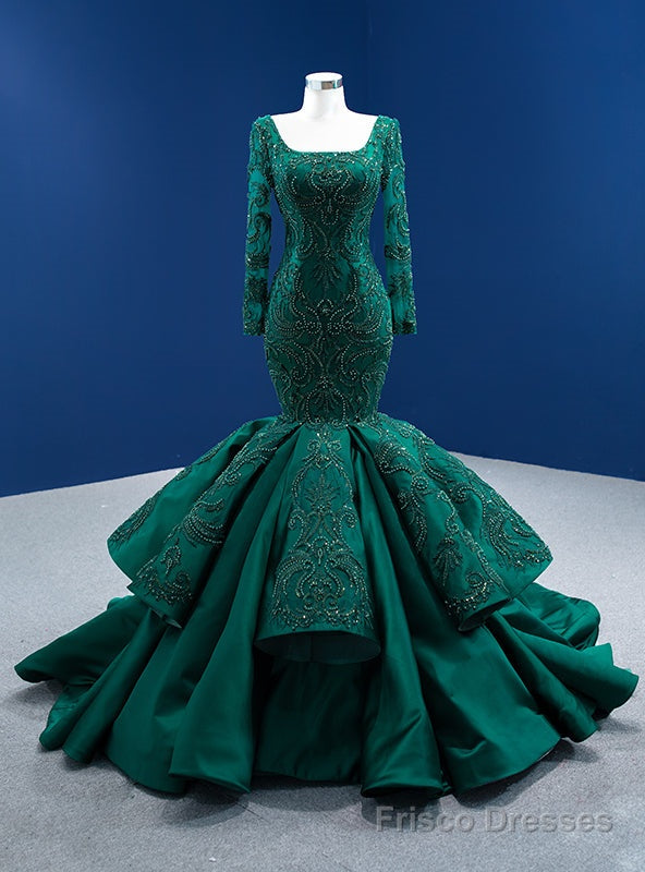 Green Long Sleeve Square Appliques Beading Prom Dress Main image