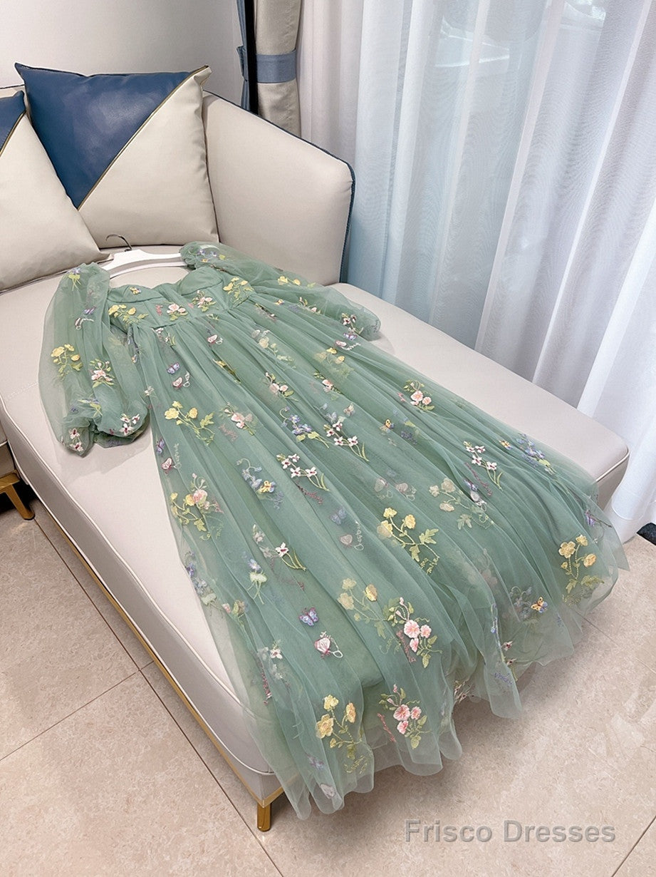 Green Long Sleeves Floral Tulle A-Line Prom Dress, Green Evening Dress Secondary image