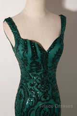 Green Mermaid Long Straps Sequins Long Formal Prom Dress, Green Mermaid Evening Dress