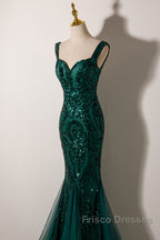 Green Mermaid Long Straps Sequins Long Formal Prom Dress, Green Mermaid Evening Dress